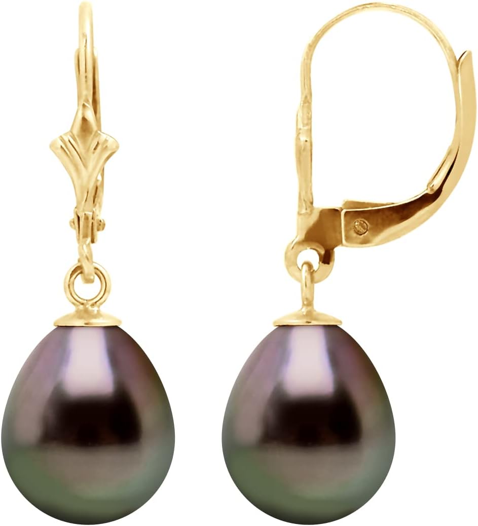 PEARLS & COLORS - Boucles d'Oreilles Pendantes Véritables Perles de Culture de Tahiti Poires 9-10 mm - Qualité A+ - Disponible en Or Jaune & Or Blanc - Bijou Femme