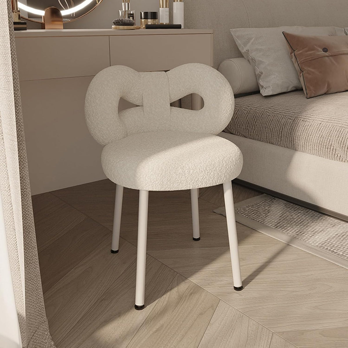 Tabouret de coiffeuse avec dossier réglable et nœud papillon - Chaise de maquillage sans accoudoirs pour chambre de fille - Élégant siège de coiffeuse avec coussinets de pieds - Blanc