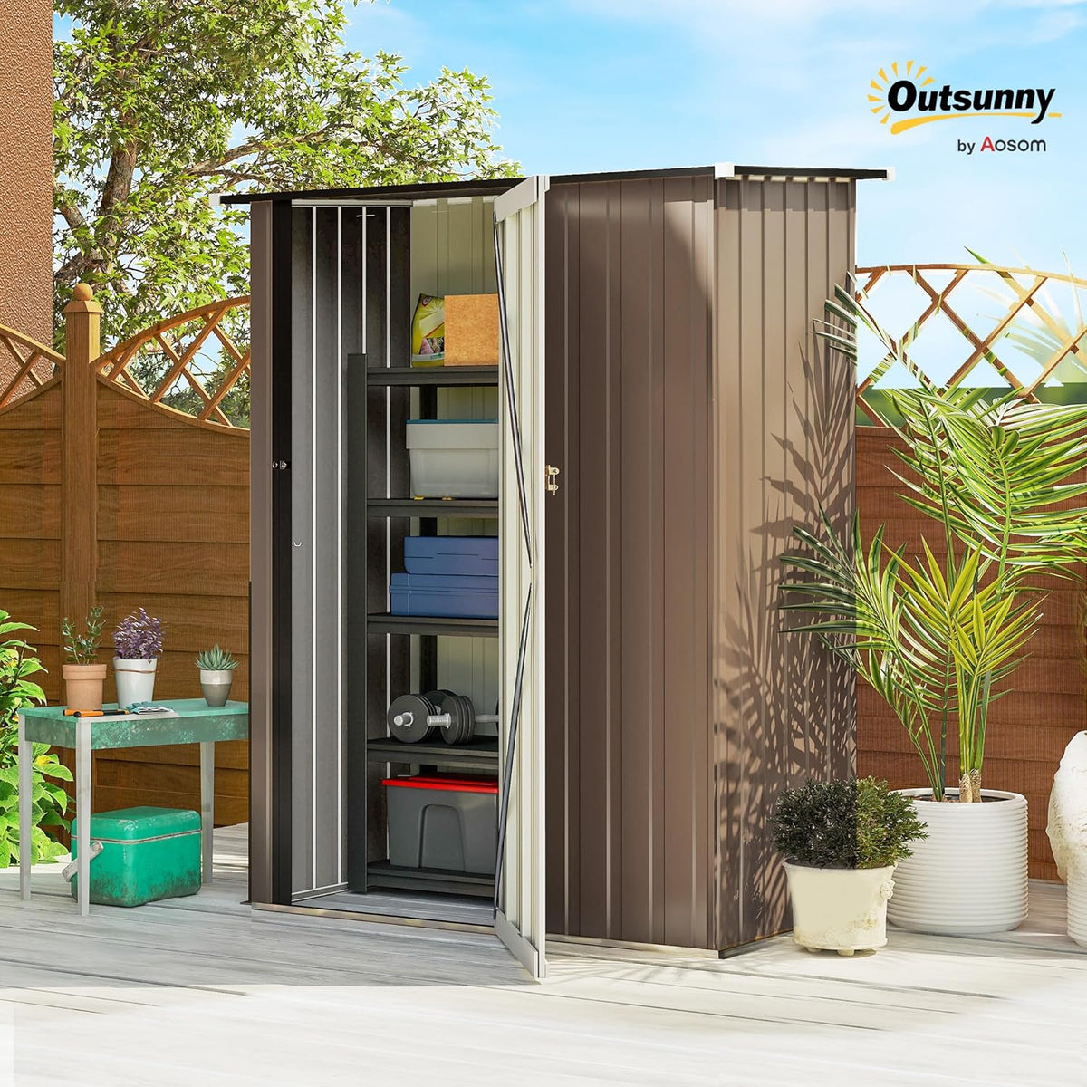 Outsunny Abri de Jardin 1 m² - abri à Outils - cabanon Porte verrouillable - dim. 142L x 84 x 189H cm - Acier galvanisé Marron