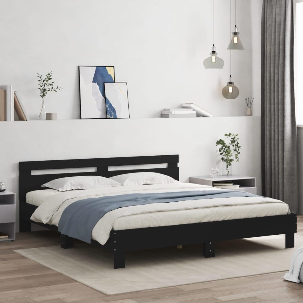 vidaXL Cadre de Lit avec Tête de Lit, Lit Double avec Sommier à Lattes, Lit Adulte, Meuble de Chambre, Moderne, Noir 180x200 cm Bois d'Ingénierie