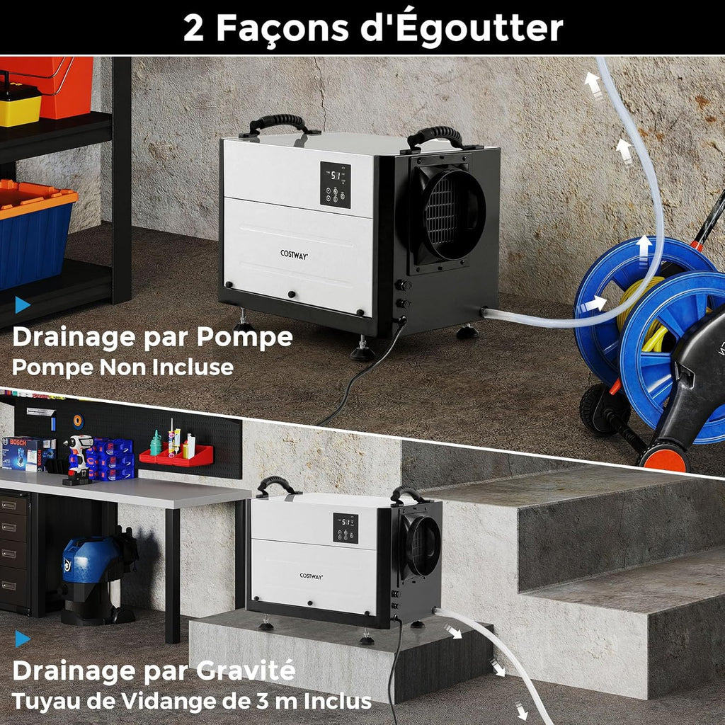 COSTWAY Déshumidificateur Professionnel, Déshumidificateur Industriel avec 3 Modes Minuterie de 24 H Tuyau de Vidange et Dégivrage Automatique, pour Entrepôt Sous-sol (58,5 L/Jour,Noir)