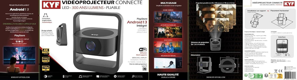 Vidéoprojecteur Android 13 FUltra HD 4K avec Écran jusqu'à 150 Pouces + Système Audio Modulaire Bluetooth 20W, 4 Enceintes Magnétiques, Noir