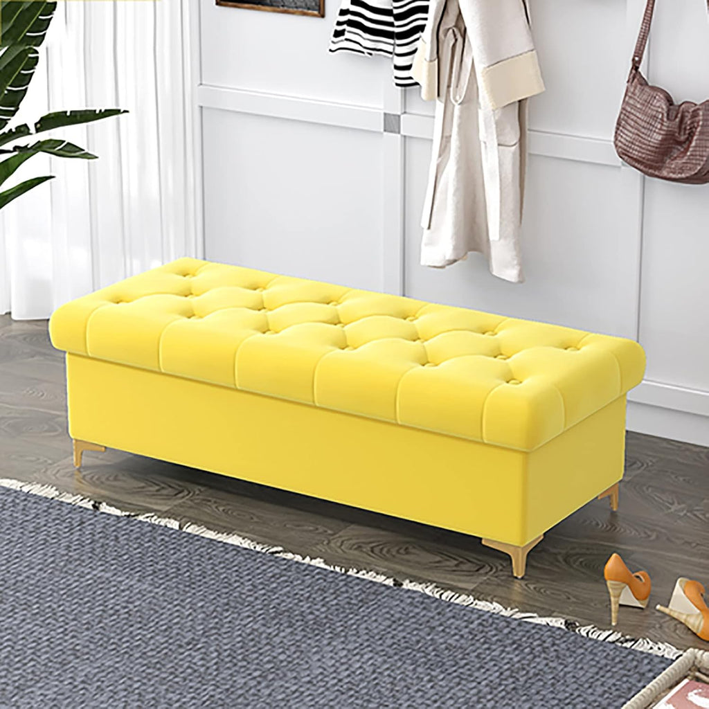 Banc ottomane de luxe en velours avec rangement rembourré moderne pour chambre à coucher et salon, bout de lit, jaune, 120 x 40 x 40 cm