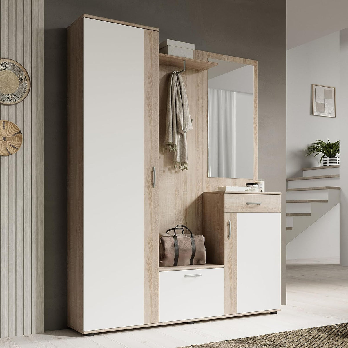Stella Trading PATENT Ensemble de vestiaires d'entrée en aspect chêne Sonoma, blanc - Vestiaire compact stylé avec miroir pour votre entrée - 145 x 184 x 29 cm (L/H/P), marron