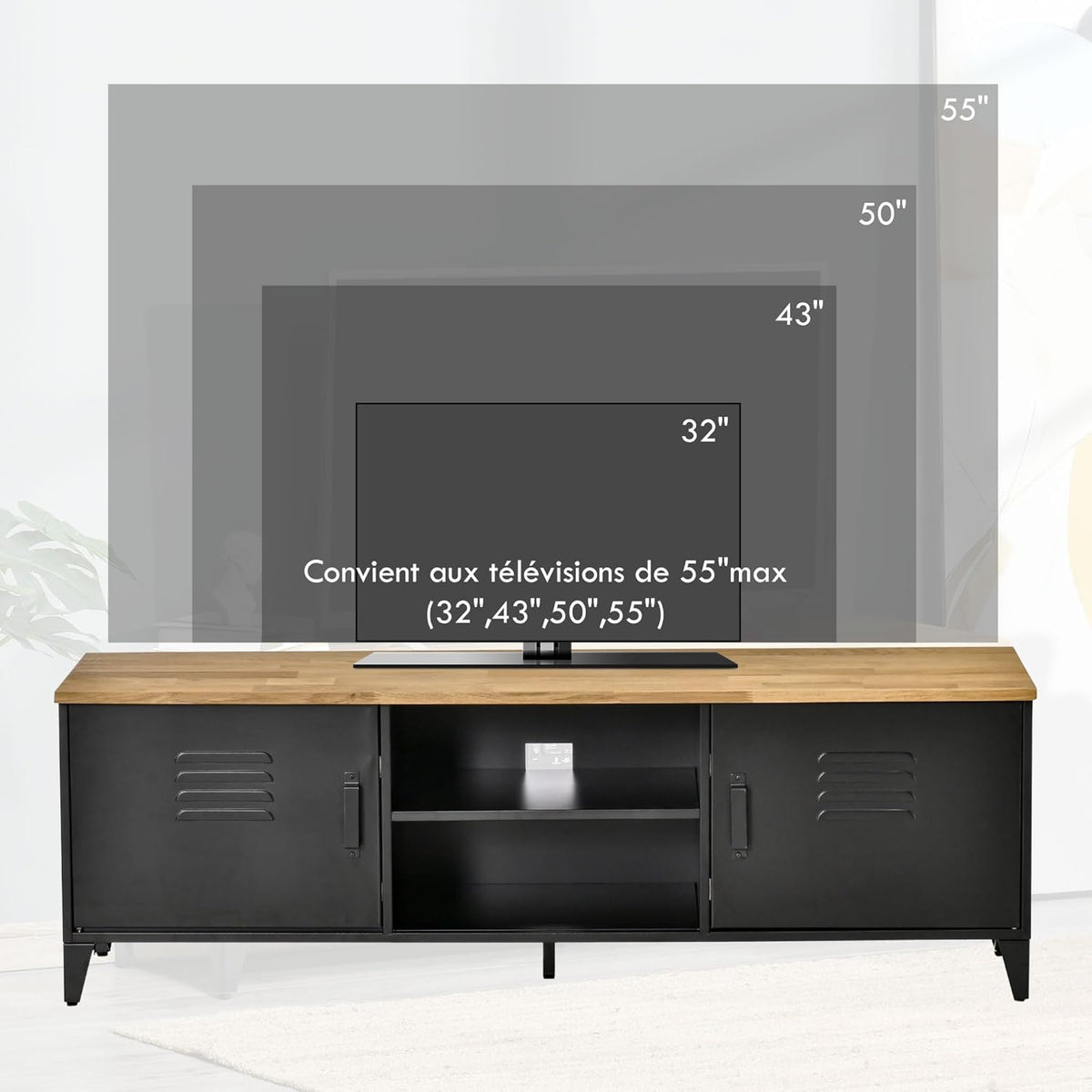 HOMCOM Meuble TV Banc TV pour téléviseurs de 55'' avec 2 Placards Pieds Réglables Cadre métalique Noir Plateau en Bois Naturel 150 x 40 x 50 cm