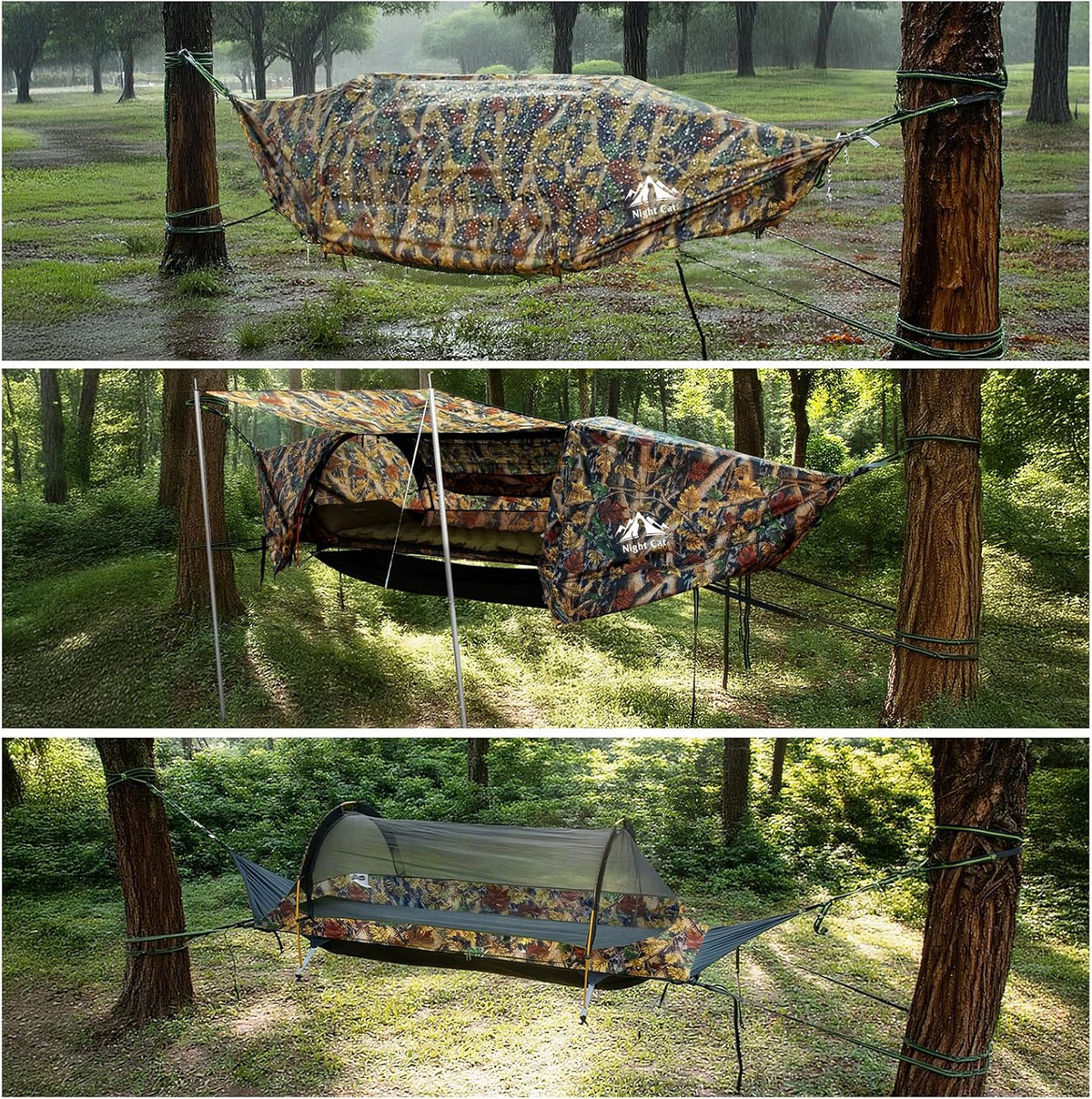 Night Cat Hamac Tente Fond Plat pour 1 Personne avec Moustiquaire Couverture Imperméable et Espace de Rangement Supplémentaire Randonnée Camping dans Jardin Arrière Cour Sauvage