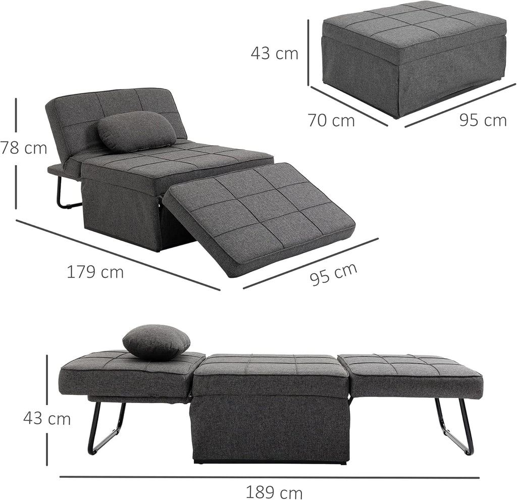 HOMCOM Chauffeuse 1 Place 4 en 1 Fauteuil lit Convertible Pouf Dossier inclinable 5 Niveaux Repose-Pied Rabattable, Charge 200 Kg, châssis métal et Tissu Lin Gris
