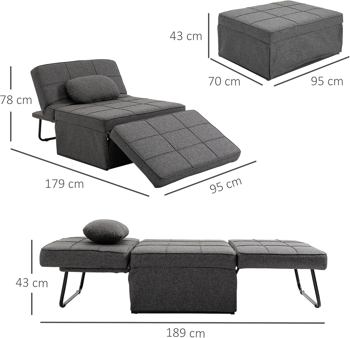 HOMCOM Chauffeuse 1 Place 4 en 1 Fauteuil lit Convertible Pouf Dossier inclinable 5 Niveaux Repose-Pied Rabattable, Charge 200 Kg, châssis métal et Tissu Lin Gris