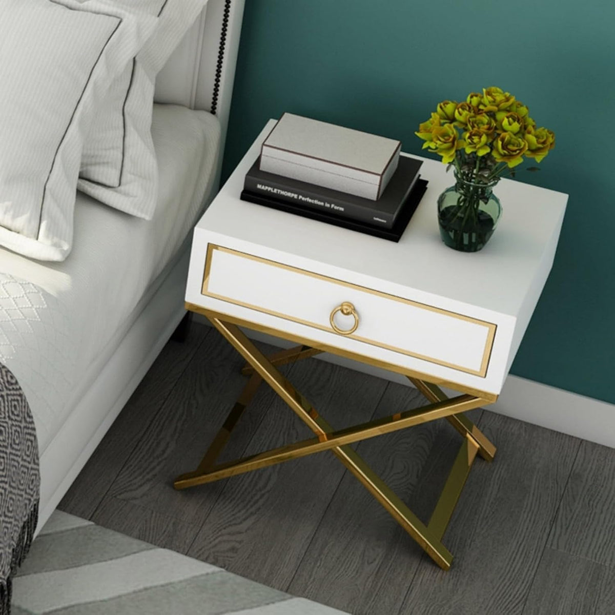 Homary Table de Chevet Blanche X-Shaped Stainless Steel – 1 Tiroir, Finition Dorée, Petit Meuble Rangement pour Chambre & Salon