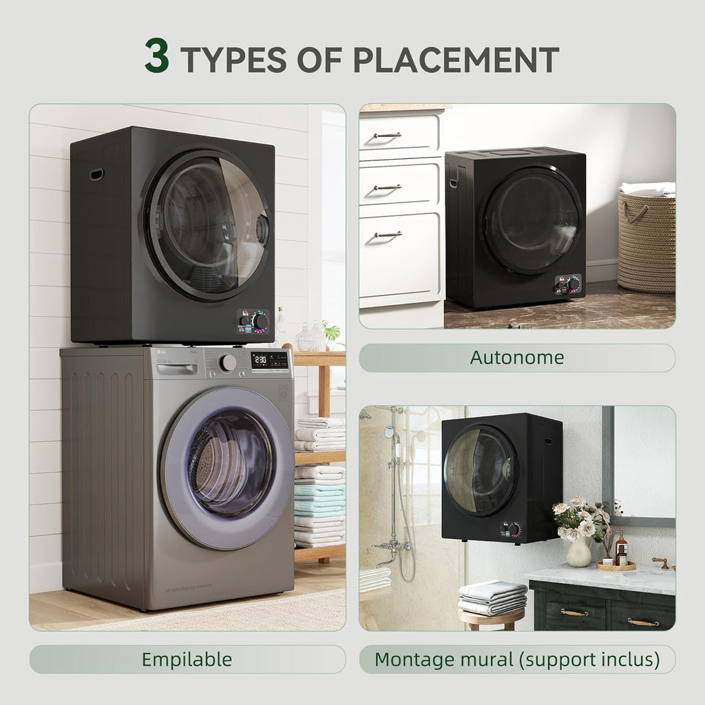 HOMCOM Sèche-linge à évacuation portable, sèche-linge électrique 850 W, 4 Kg, 4 modes de séchage, 2 niveaux de chauffage, cuve en acier inoxydable, installation murale, pour appartement dortoir, noir