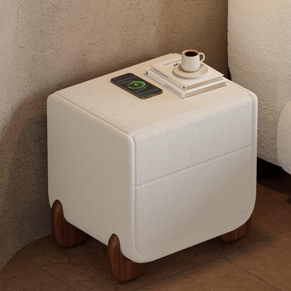 Homary Table de Chevet LED Smart Blanc Bouclé 2 Tiroirs, Recharge sans Fil/Filaire, Pieds Noisetier, Petit Meuble Rangement pour Chambre Adulte