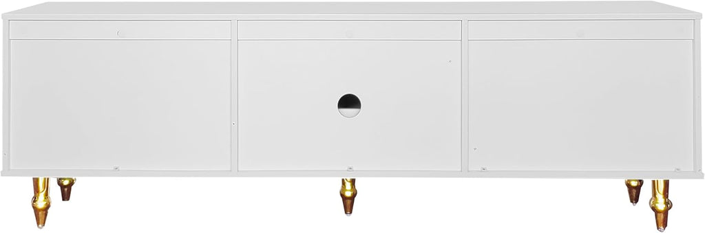 Meuble TV bas de style rétro avec 6 compartiments de rangement, poignées dorées, porte en rotin et pieds en métal, buffet TV pour salon (blanc, 175 x 38 x 55,5 cm)
