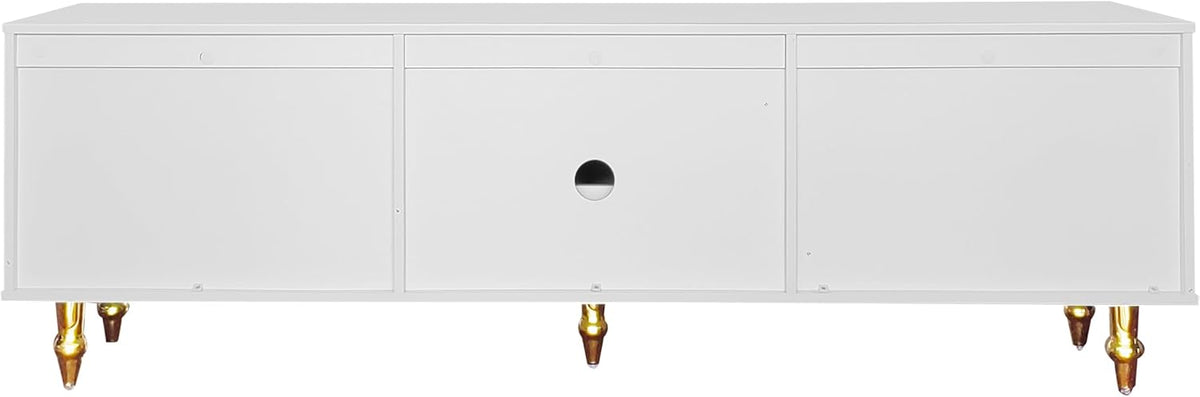 Meuble TV bas de style rétro avec 6 compartiments de rangement, poignées dorées, porte en rotin et pieds en métal, buffet TV pour salon (blanc, 175 x 38 x 55,5 cm)