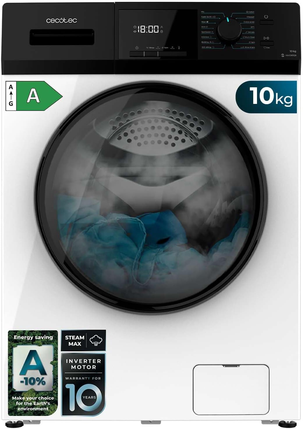 Cecotec Lave-Linge 10Kg Chargement Frontal Bolero Dresscode 10410 Inverter A. 1950W, 1400 tr/min Réglable, 16 Programmes, Faible Consommation d'Énergie, Vapeur, Stérilisation du Linge