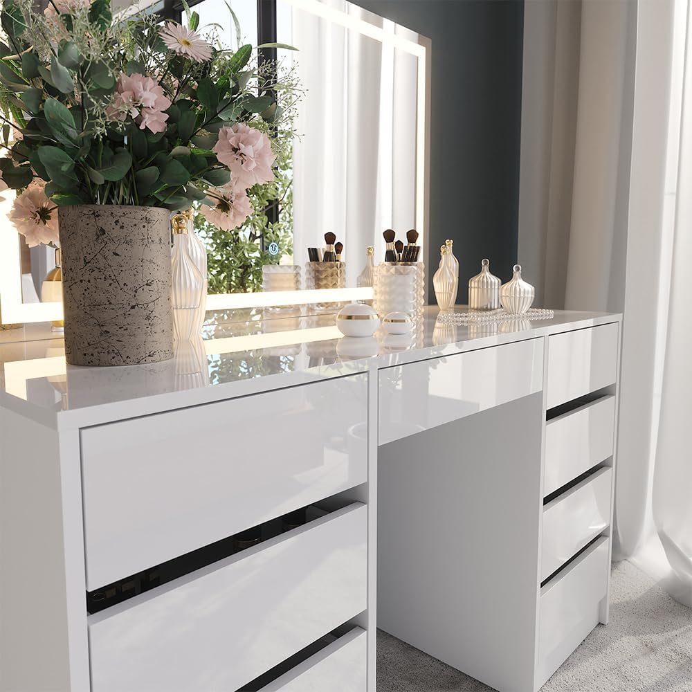 Vicco Coiffeuse Sherry, Blanc/Blanc Brillant, 128.2cm avec Miroir LED