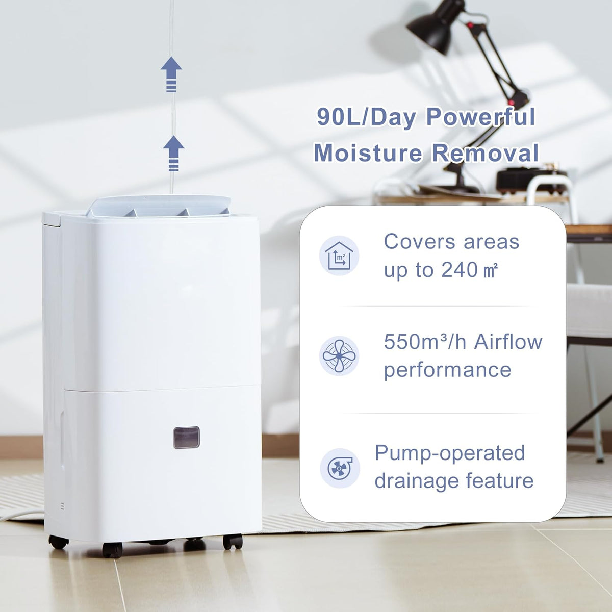 Deshumidificateur d’Air Électrique 90L/Jour Anti-Moisissures avec Pompe Relevage 5m - Silencieux 43dB pour Cave, Chambre, Salle de Bain 240m² | Réservoir 8L, Drainage Continu