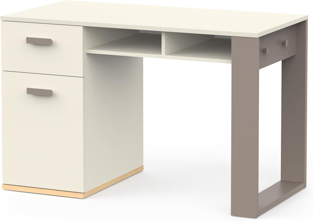 Demeyere Bureau Blanc et Gris avec Tiroir Silencieux, Deux Niches et 2 Crochets Latéraux – Bureau Enfant ou Adulte Fonctionnel 120x77x60 cm