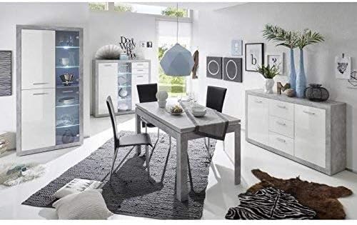 Stella Trading STONE Buffet aspect béton, blanc brillant - Commode moderne avec tiroirs et beaucoup d'espace de rangement - 147 x 89 x 37 cm (L/H/P)