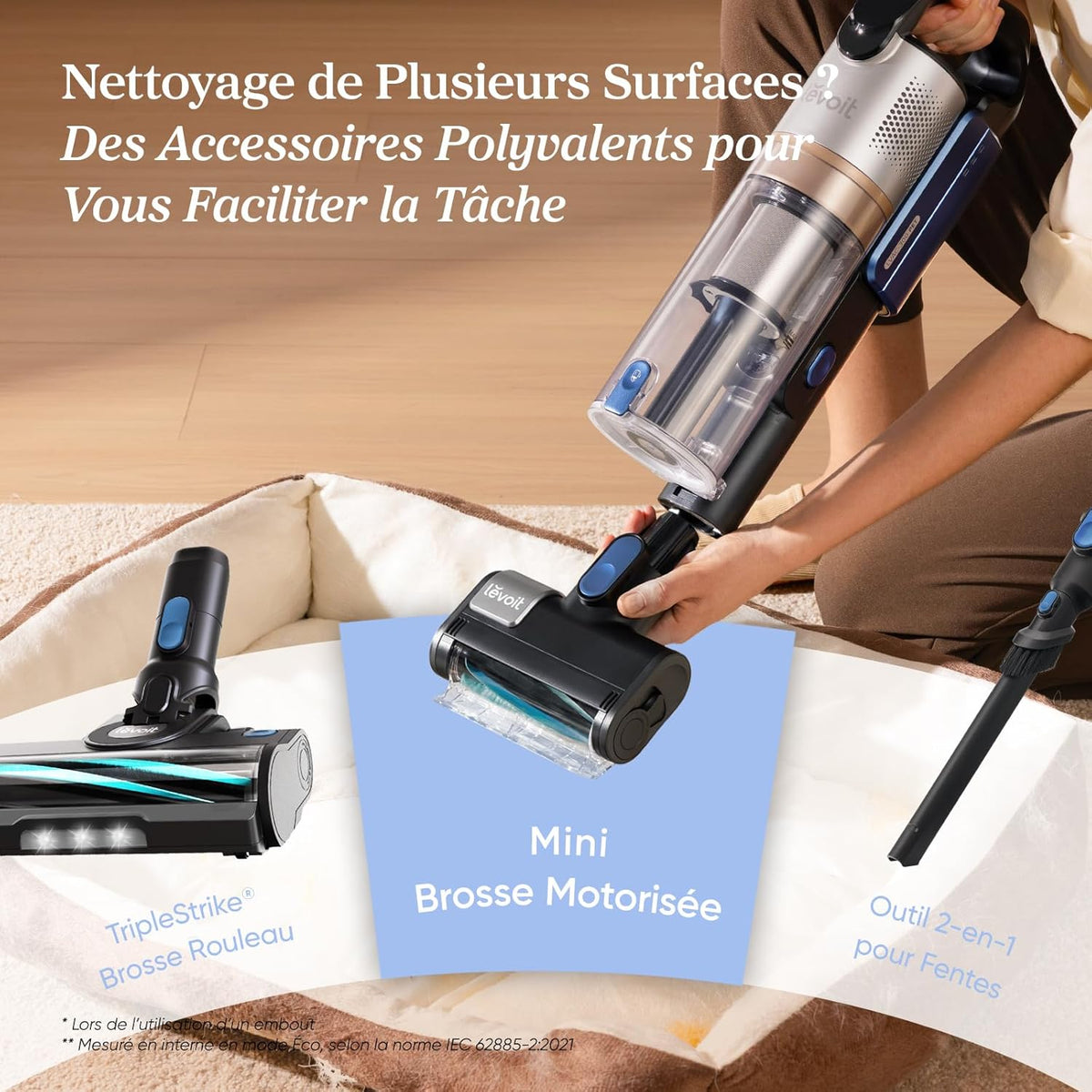 LEVOIT Aspirateur Balai sans Fil, Anti-emmêlement, Filtration HEPA à 99,99 pour cent 240 W Puissante, jusqu'à 60 Min, Affichage LED, avec Mini Brosse Turbo pour Sols, Poils d'animaux Balai Électrique