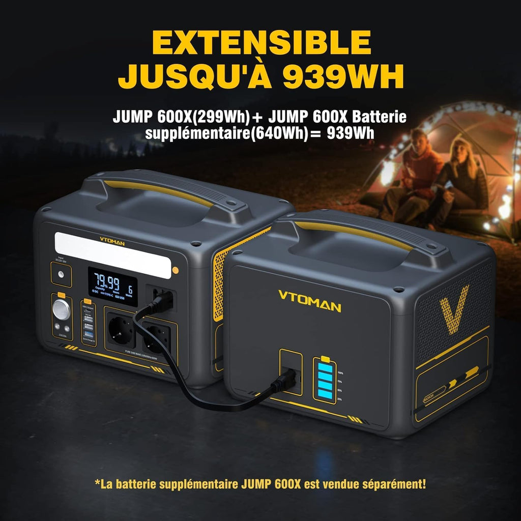 VTOMAN Jump 600X Station électrique Portable 600W - 299Wh Generateur Electrique Portable LiFePO4 Batterie Générateur, Dual PD 60W Typ-C Sortie, Capacité Extensible à 939Wh pour Camping Extérieur