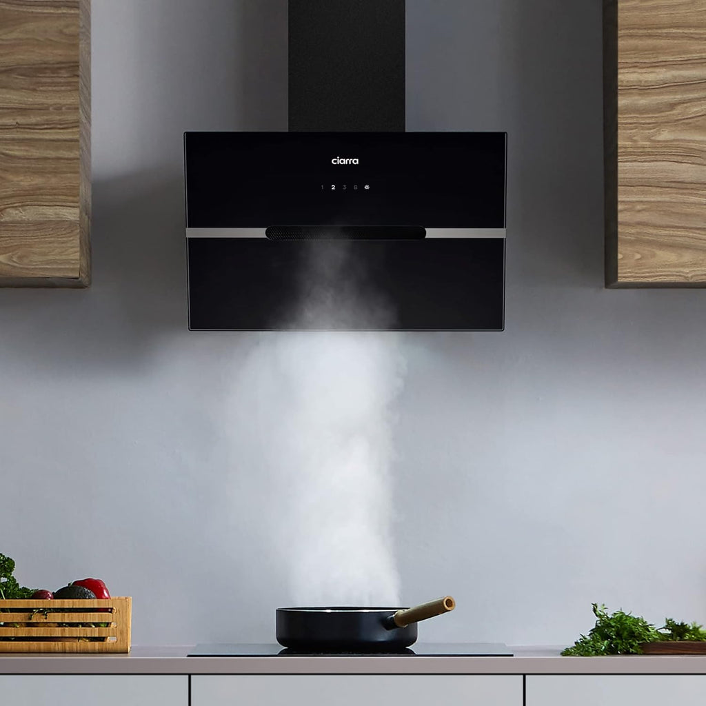 Ciarra CBCB6736F Classe A+++ Hotte Aspirante Inclinée 60cm - 650m3/h - Commande Tactile et Wi-Fi - Fonction Boost - Design en Verre Élégant - Noir