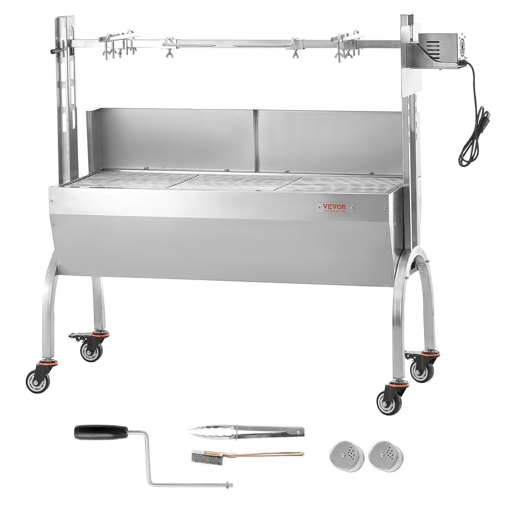 VEVOR Barbecue à Charbon avec Tournebroche Électrique 52 W Charge 90 kg, Rôtissoire Barbecue 118,5 cm, en Inox, avec Pare-Brise et Roues Verrouillables, pour Rôtir Agneau Porcelet Poulet Camping