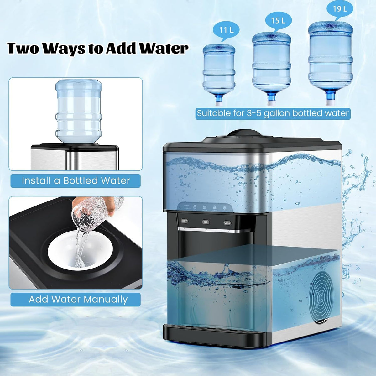 SOARS Machine A Glacons 3 en 1, Distributeur Eau Froide et Chaude, Réservoir d'Eau de 3L, Fabrication Glace 19KG/24H, Refroidissement par Compresseur pour Maison, Bureau