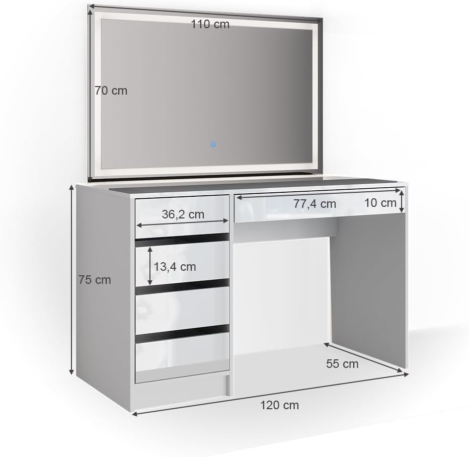 Vicco Coiffeuse Sherry, Blanc Haute Brillance, 120 cm avec éclairage LED