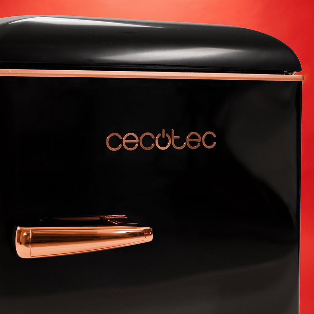 Cecotec Mini Frigo Réfrigérateur Rétro Bolero CoolMarket TT Origin 110 Noir E. Mini Frigo Rétro avec une capacité de 110L, Classe E, Icebox, LED intérieur, Poignée Chromée, Plateaux en Verre