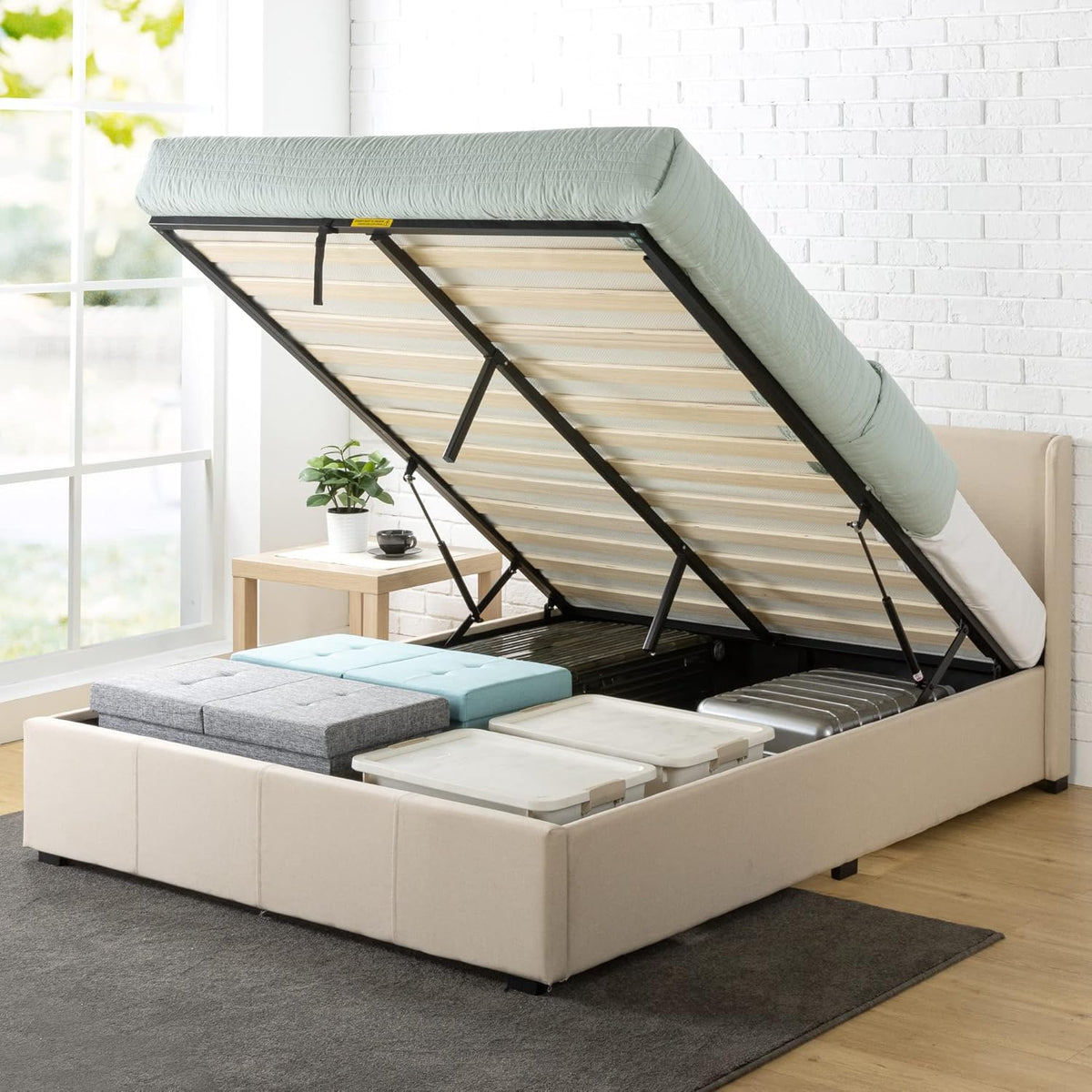 Zinus Maddon Lit Coffre 140x190 cm - Hauteur 31 cm - Système de Levage Hydraulique - Tête et Cadre de Lit Double en Bois tapissier - Beige