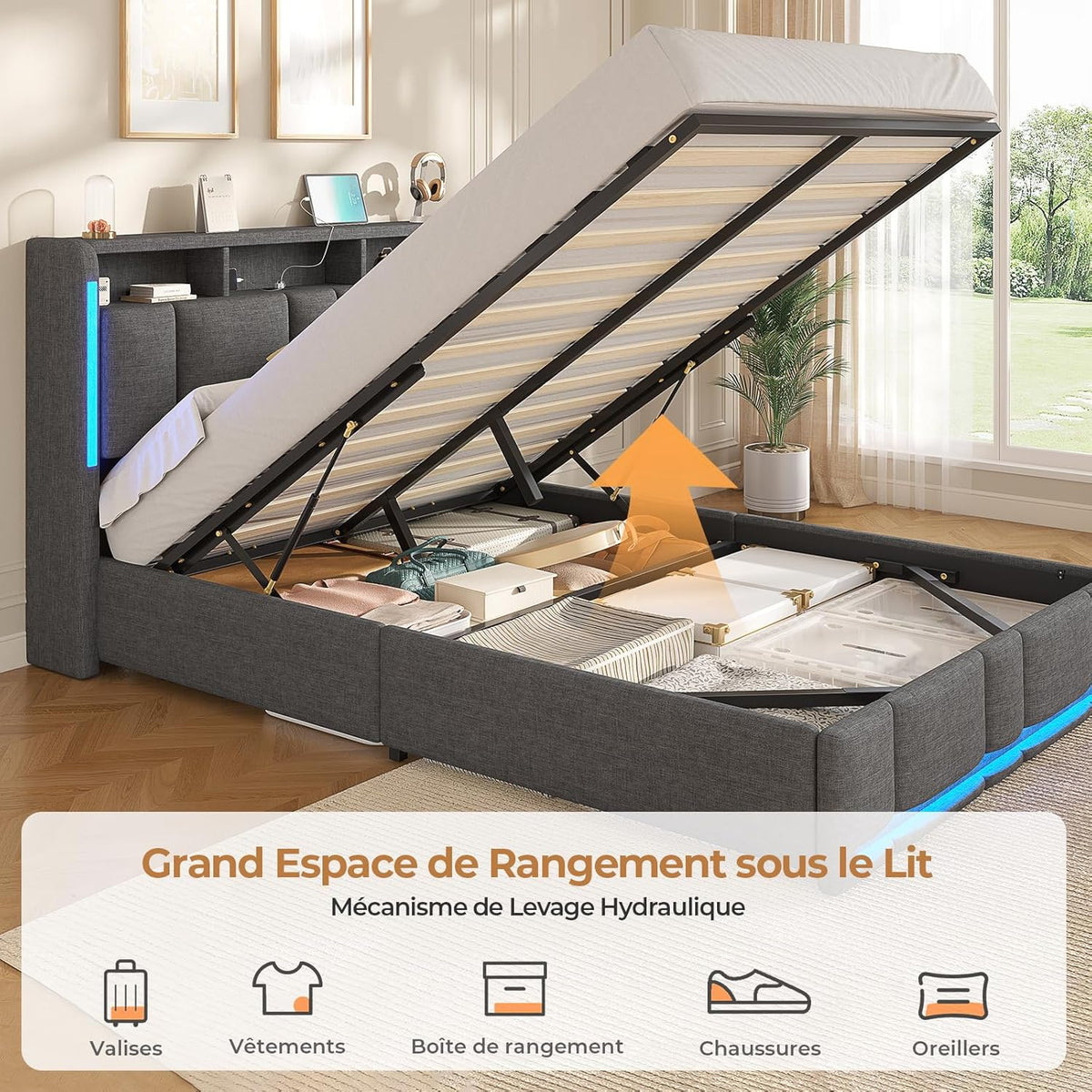 AOGLLATI Lit Coffre 140x190 CM, Lit Double avec LED et Ports USB, Cadre de lit avec Tête de Lit capitonné et Rangement, Lattes en Bois, Lin Gris Foncé sans Matelas