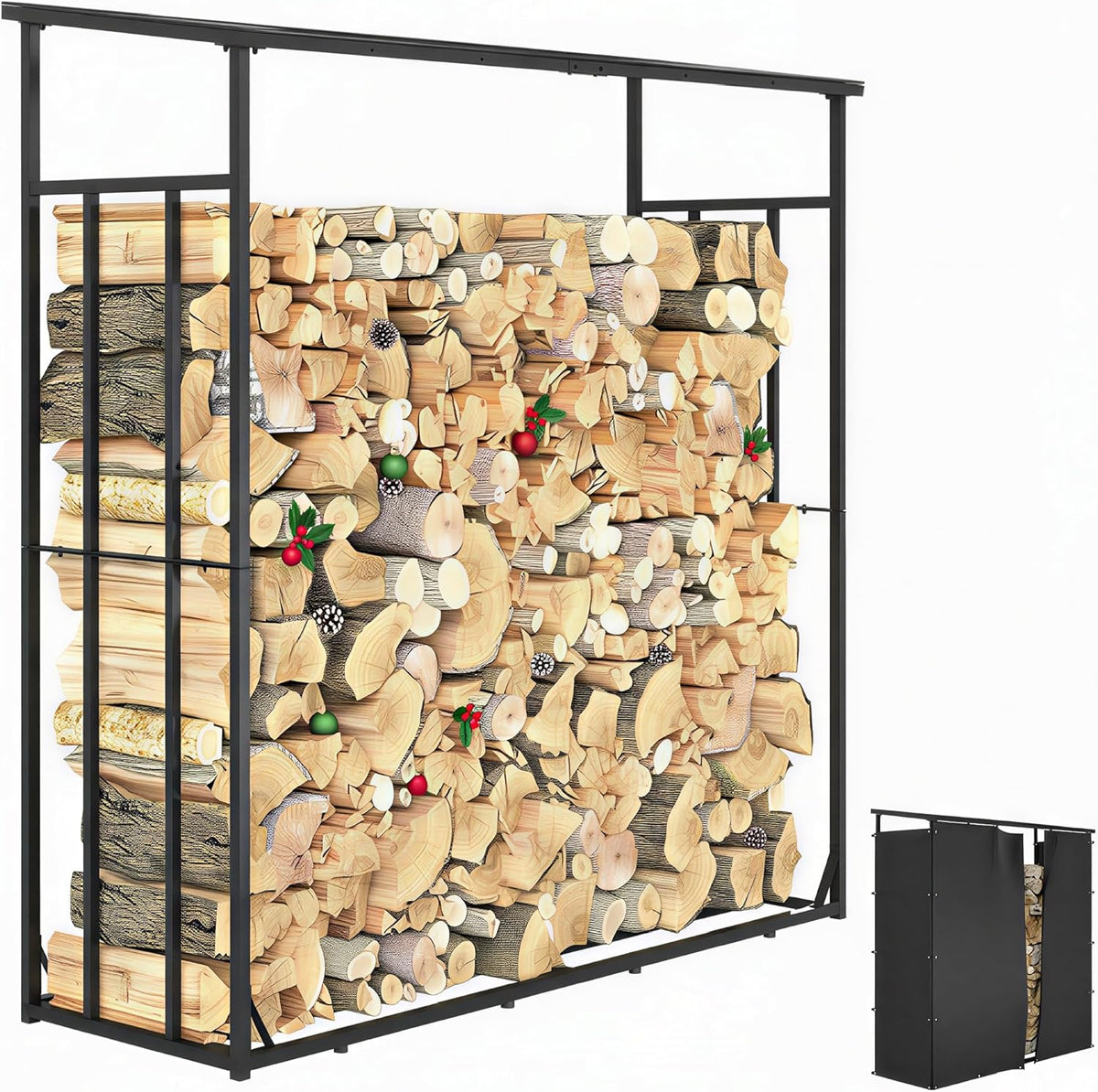 Outsunny Abri-bûches, range-bûche, charge maximale 2000 kg, avec housse de protection imperméable et toit en polycarbonate, abri bois de chauffage, 185 x 62 x 184 cm, cadre en métal, noir