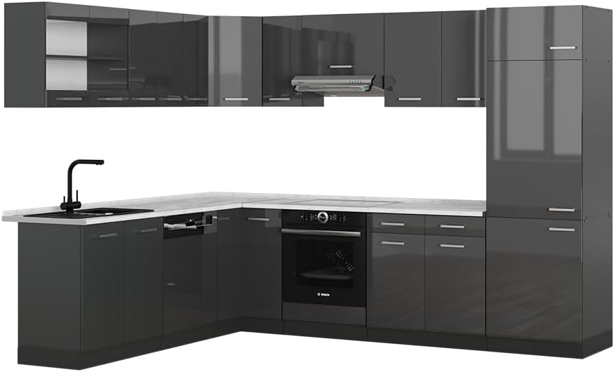 Vicco Cuisine en Angle R-Line, Anthracite Brillant/Anthracite, 227x287cm, PT Marbre
