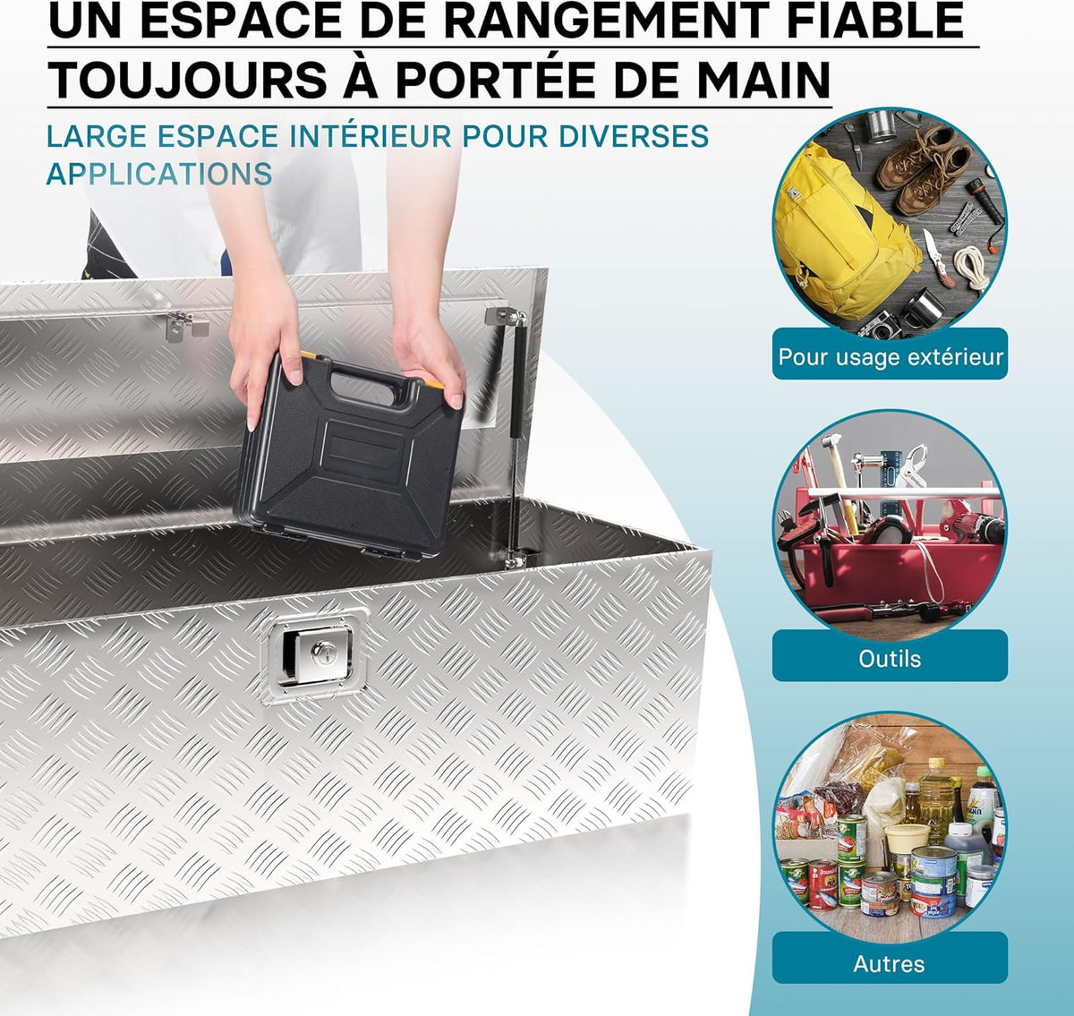 Wiltec Caisse à outils en aluminium – 124 x 37 x 38 cm – 170 litres – Boîte à outils alu ondulé – Vérins à gaz, poignées – Transport Rangement
