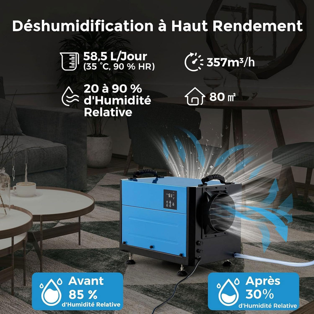 GOPLUS Deshumidificateur d Air Industriel 58,5L/Jour, Débit d'air 357m³/h, Panneau de Contrôle, Déshumidificateur Electrique 20 pour cent-90 pour cent Humidité, 2 Méthodes Drainage, Minuterie, pour 80㎡ (Bleu)
