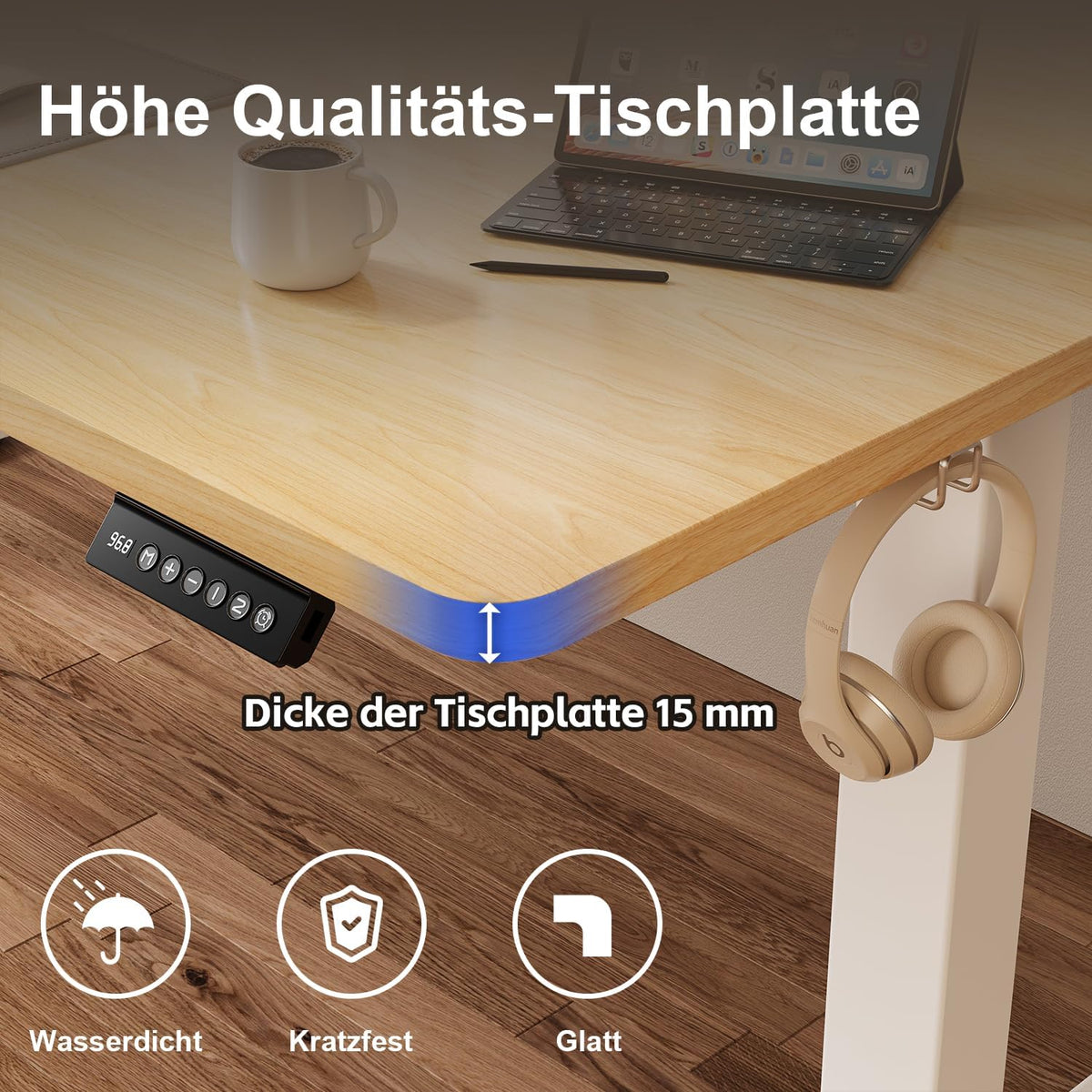 JUMMICO Bureau réglable en Hauteur - Plateau de Table Complet - Réglable en Hauteur - avec Fonction mémoire - 140 x 60 cm - Beige