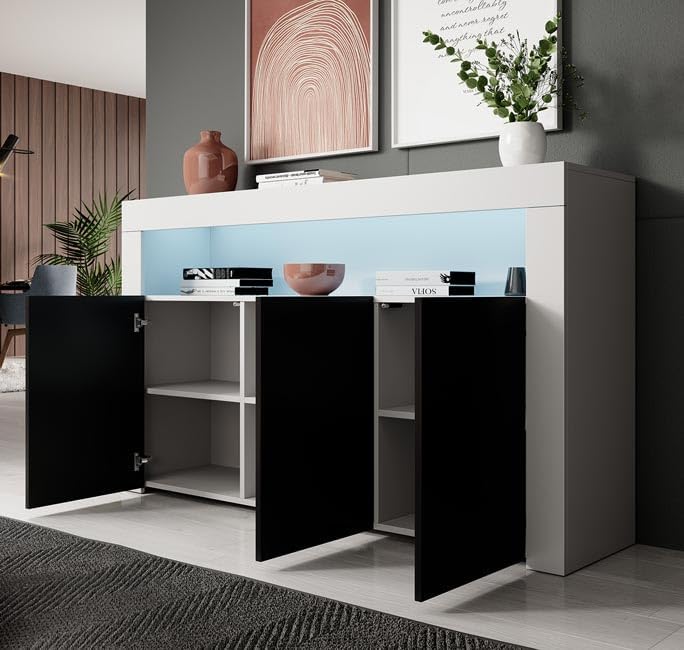 MB Muebles Bonitos Buffet Moderne pour Salon, Salle à Manger, Armoire Rialta, 155 x 91,5 x 37 cm, en mélamine Mate, Blanc et Noir