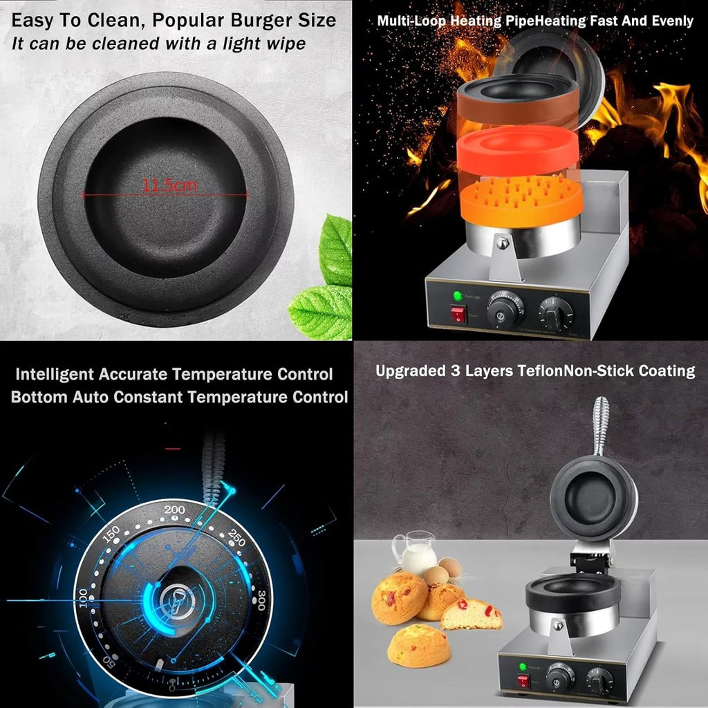 Machine à hamburgers commerciale avec revêtement antiadhésif, chauffe-hamburgers, presse à panini, machine à sandwichs 1300 W, gaufrier aux œufs, gaufrier à hamburgers commercial en acier in