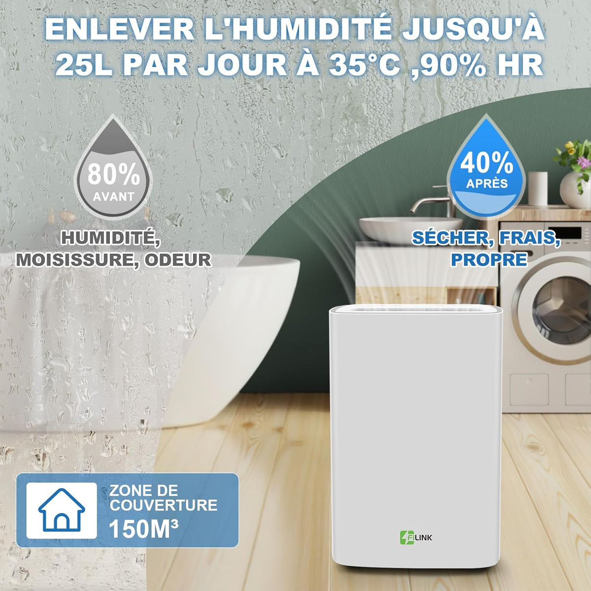 Deshumidificateur d Air, 25L/Jour Deshumidificateur Electrique Silencieux avec Capteur d'Humidité Automatique, Arrêt Auto et Dégivrage Auto, Déshumidificateur Idéal pour Maison, Bain, Chambre, Cave