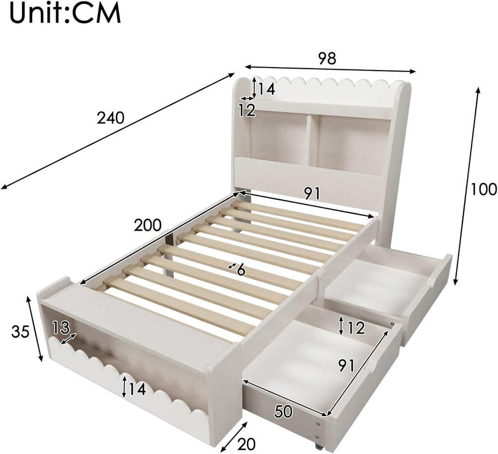 KOMHTOM Lit d'enfant en Bois avec 2 Tiroirs et Espace de Rangement - Lit Simple avec Support à Lattes, 90x200 cm