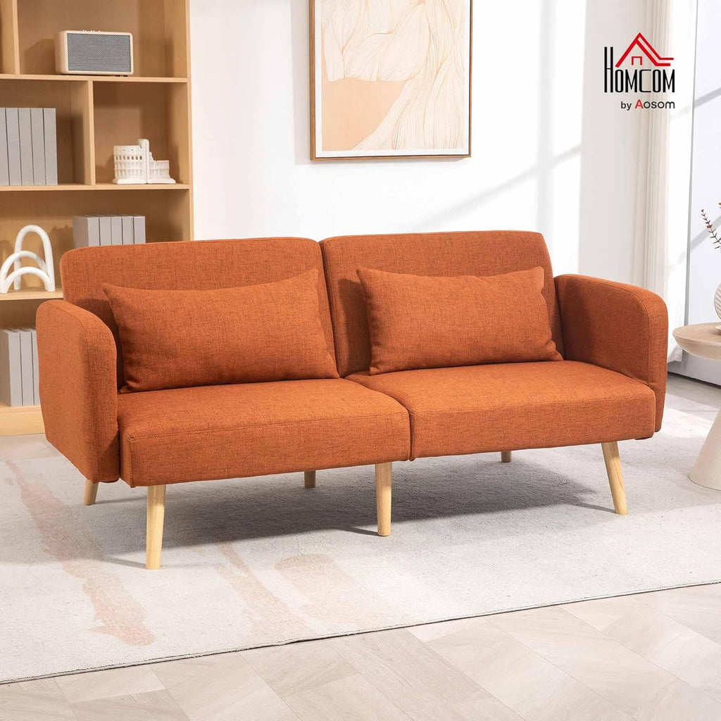 HOMCOM Canapé Convertible 3 Places, canapé-lit 2 Places, Dossier inclinable et accoudoirs réglables, clic clac en Tissu Effet Lin, Pieds en Bois Massif, 2 Coussins lavables, Marron
