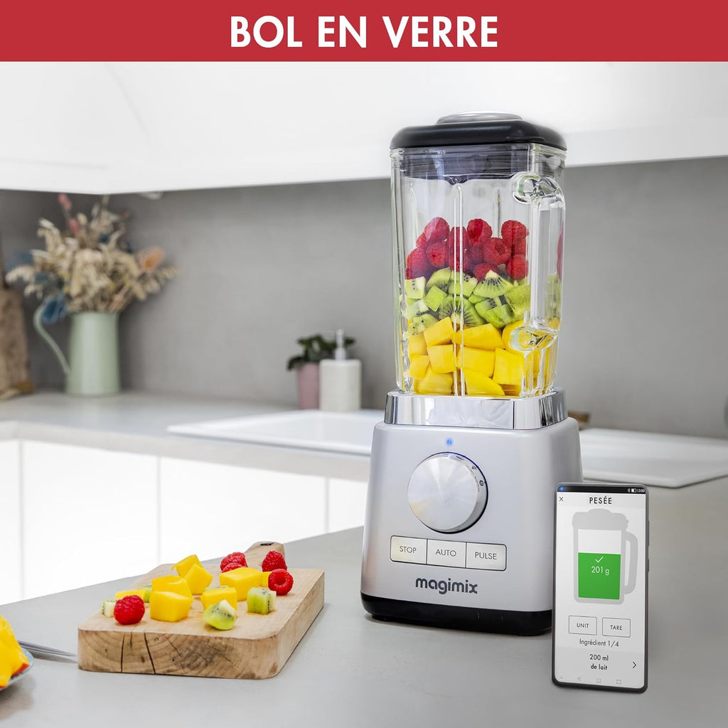 Magimix Blender Power Mixeur Professionnel 5XL Connect - Hachoir, Blender pour Smoothie, Mixeur Soupe, Hachoir Multifonction - Bol en verre - Chrome