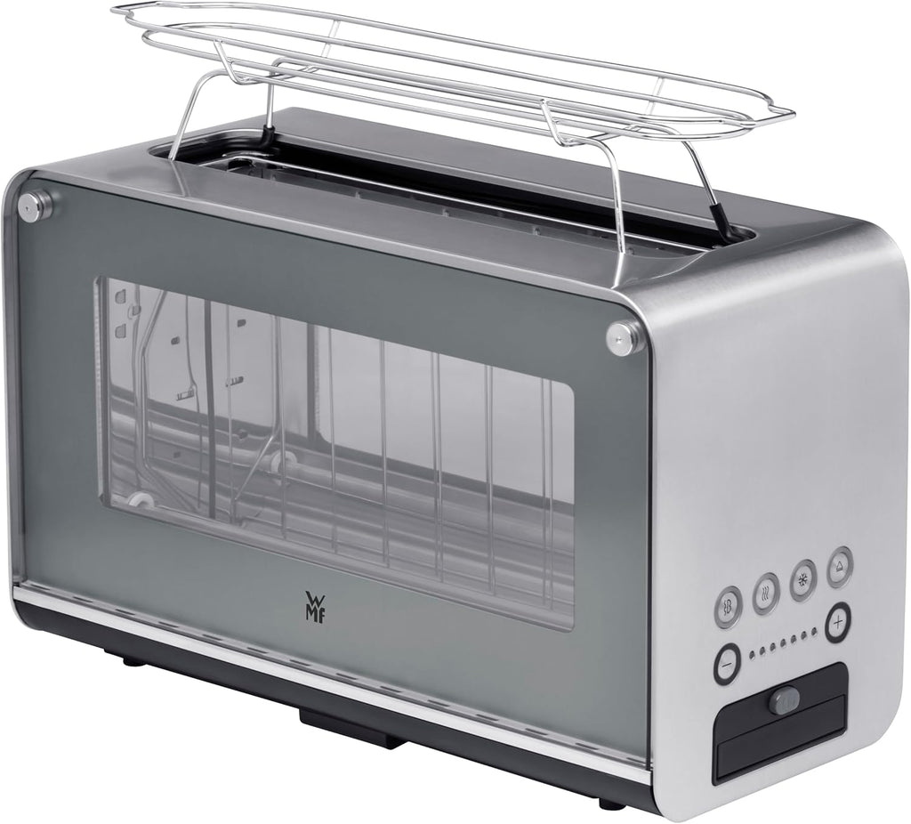 WMF Lono Grille-pain vitré avec grille réchauffe-viennoiseries, 2 tranches, XXL, support motorisé, fonction réchauffage, 7 niveaux de brunissage, grille-pain en acier inoxydable mat