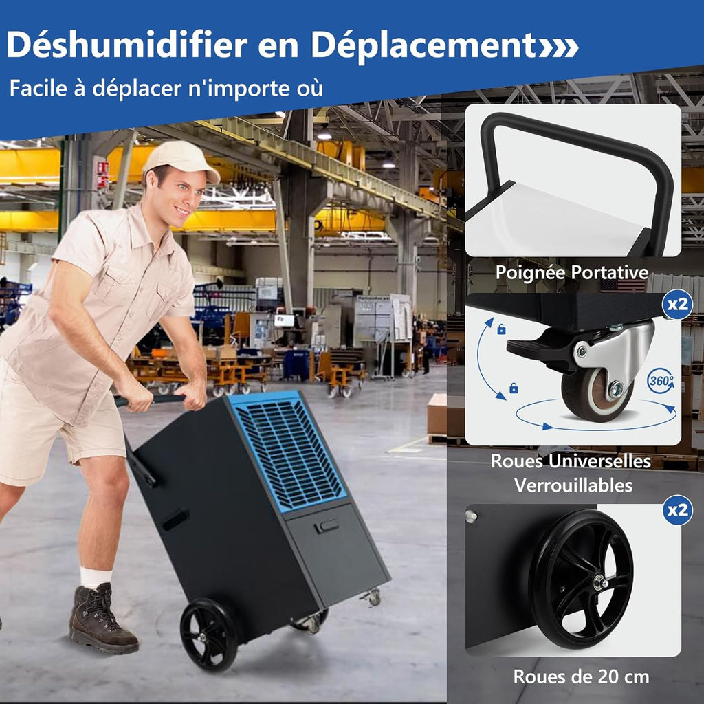 RELAX4LIFE Déshumidificateur Professionnel 66L/24h, 418m²/355m³ Industriel Pompe Vidange Sous-Sol Entrepôt Restauration (Bleu)
