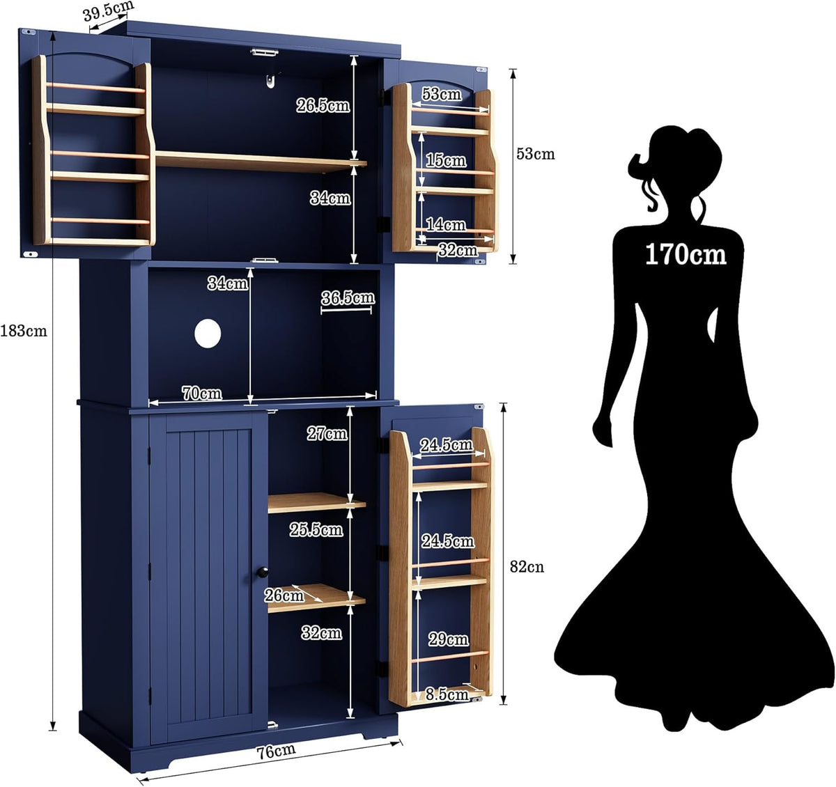 HOLTICO Armoire de cuisine avec plan de travail, armoire haute, buffet, garde-manger, garde-manger avec portes et étagères, pour salle à manger, buanderie, salon, bleu