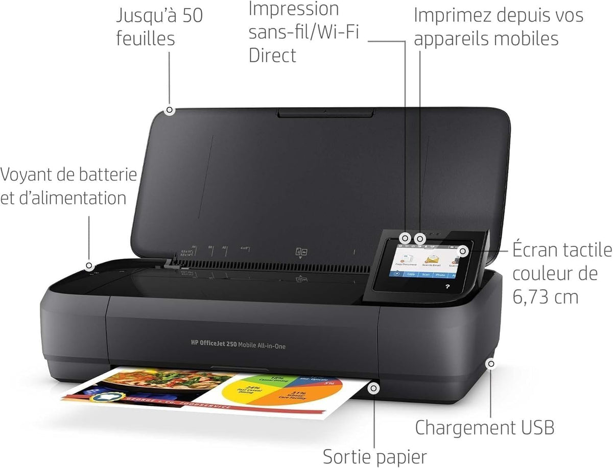 OfficeJet 250 Imprimante Tout-en-Un Portable, Fonction Impression, Copie, Numérisation jusqu'à 600 dpi, Wi-Fi et USB, Noire