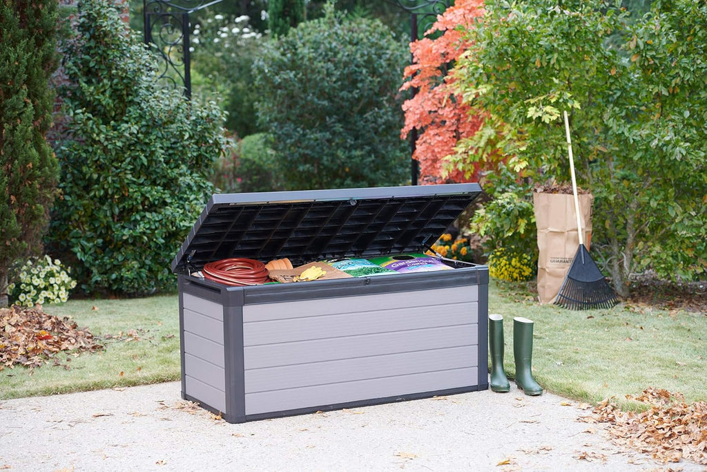 Ondis24 Keter Coffre de jardin XXL étanche (570 litres), boîte de rangement extérieur, coffre de rangement, coffre à coussins, banc