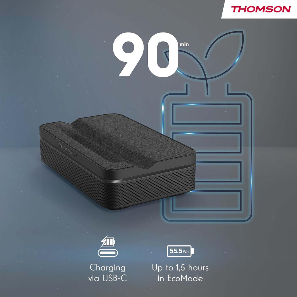 Thomson Sirius PG55B Projecteur Laser Intelligent Portable avec Google TV, Batterie Intégrée, Ultra Courte Focale, 600 Lumens ANSI, HDR10+, Dolby Audio, Mise au Point Automatique, WiFi, Bluetooth–Noir