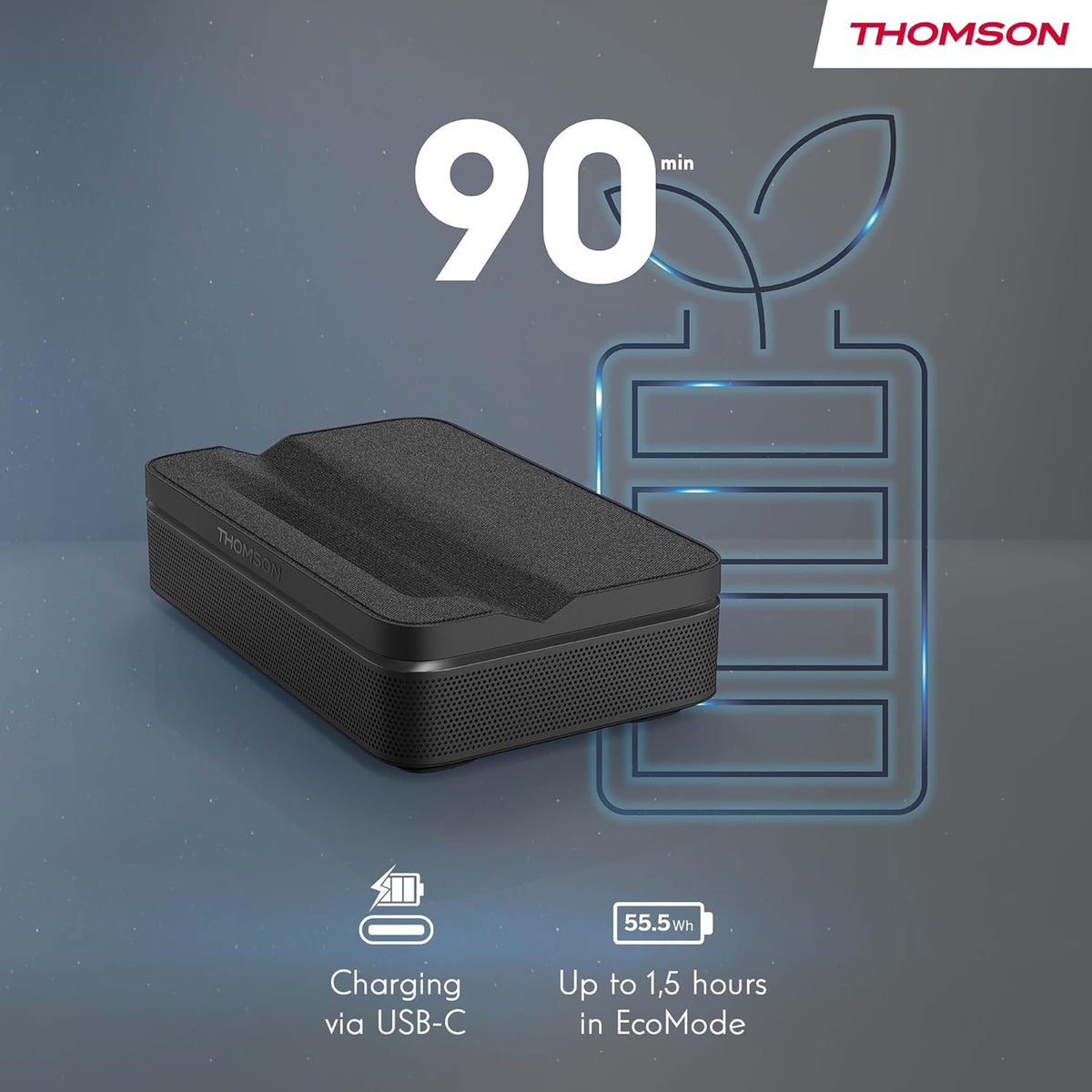 Thomson Sirius PG55B Projecteur Laser Intelligent Portable avec Google TV, Batterie Intégrée, Ultra Courte Focale, 600 Lumens ANSI, HDR10+, Dolby Audio, Mise au Point Automatique, WiFi, Bluetooth–Noir