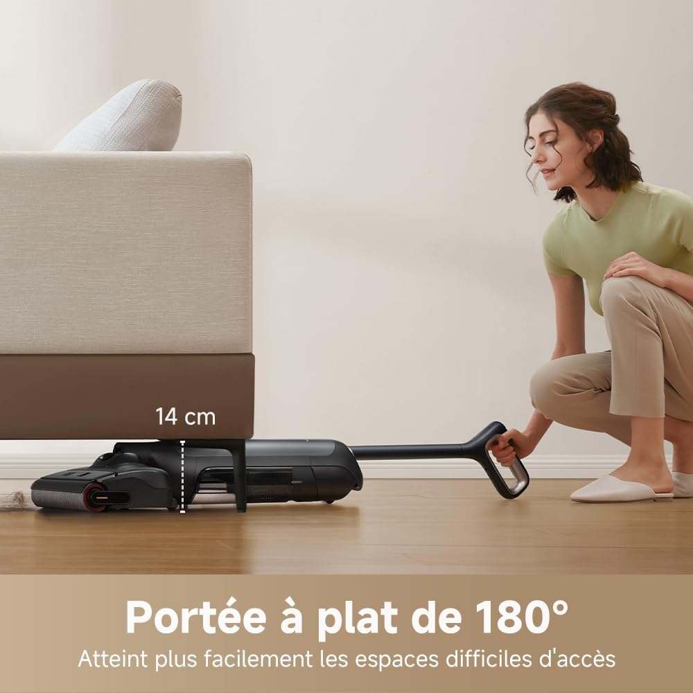 Mova M10 Aspirateur eau et poussière, portée à plat de 180°, flexible et pivotant à 90°, poids de 0,9 kg en main, lavage de brosse 75 °C + séchage air chaud 5 min, anti-anchevêtrement,aspiration 18kPa
